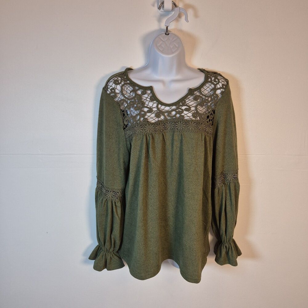 Mirror Image Boho Blouse Womens Size S Olive Crochet Lace Yoke Bell Cuff Peasant